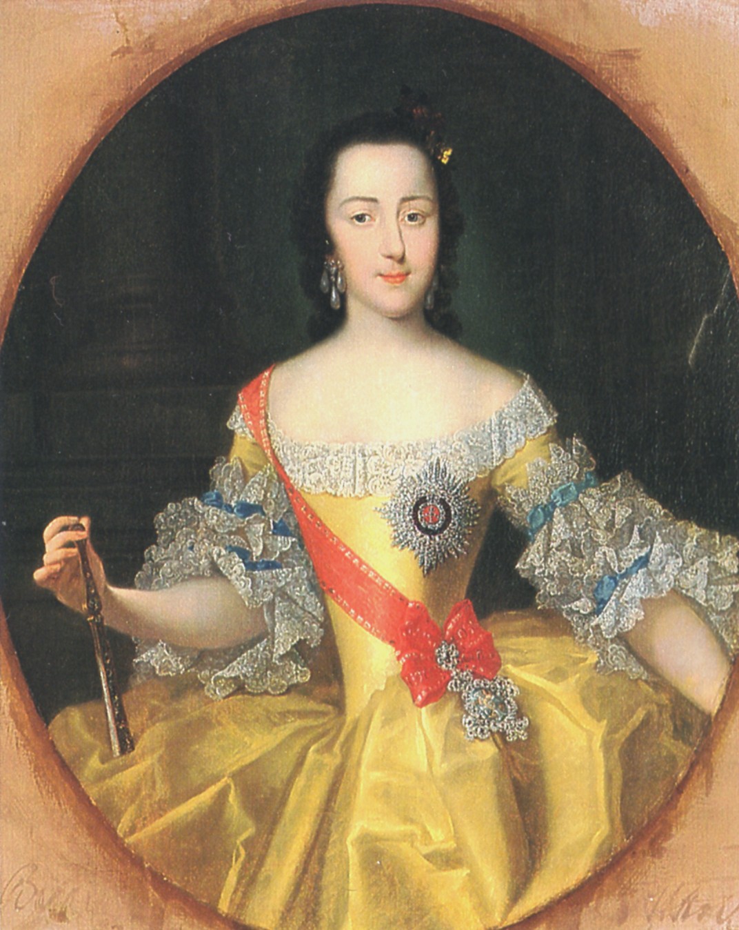 Painting of a young Catherine dressing ayellow dress and a red band